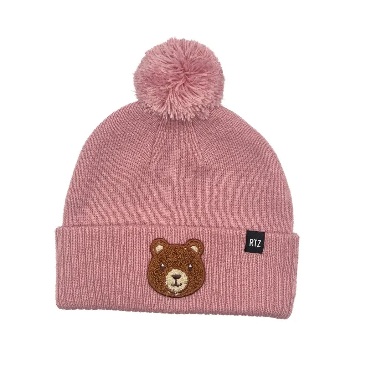 TEDDY BEAR PATCH POM POM BEANIE - PINK