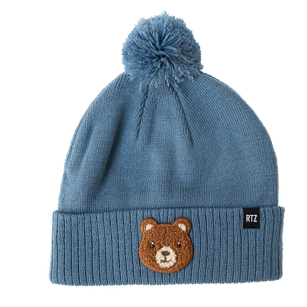 TEDDY BEAR PATCH POM POM BEANIE - BLUE