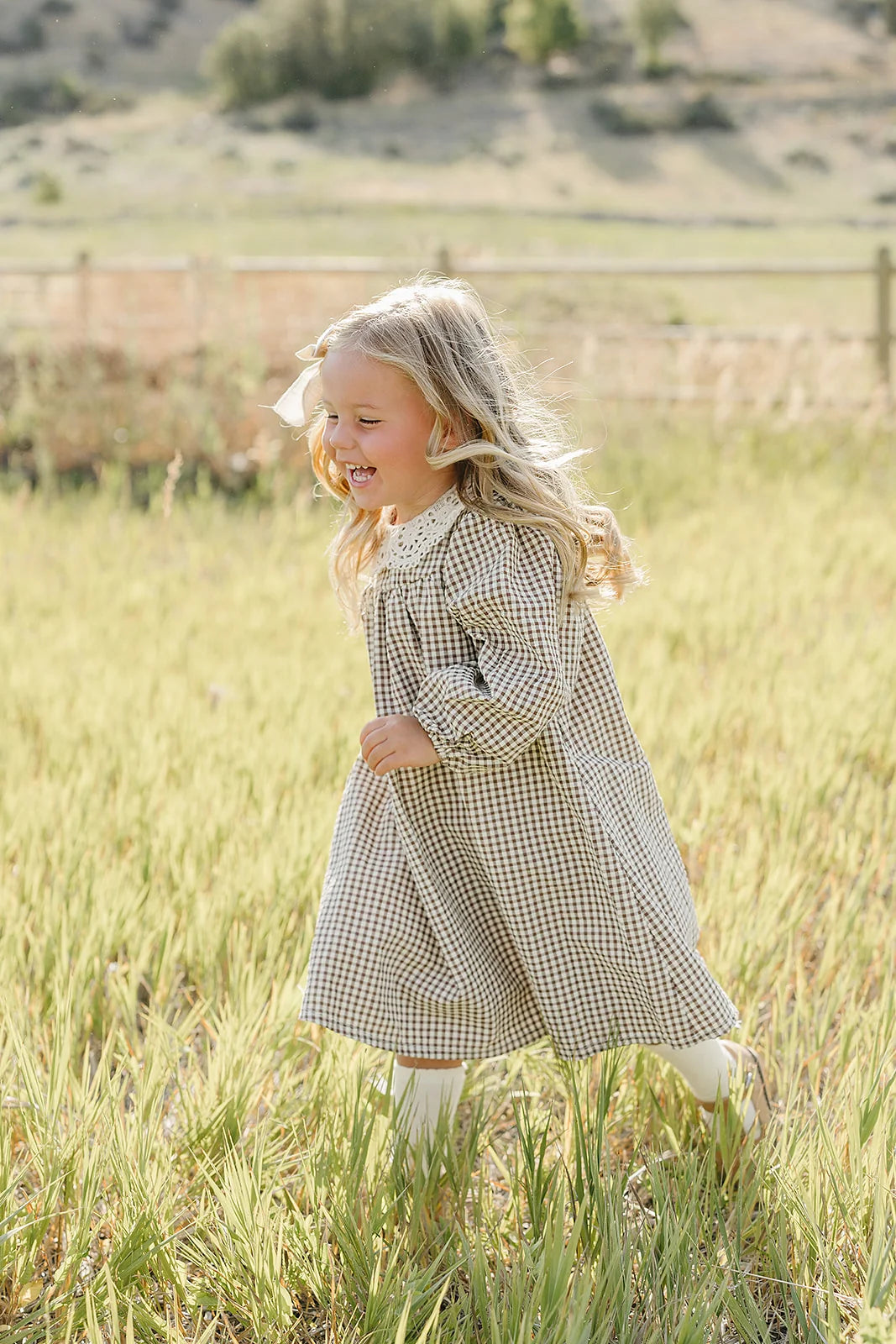 CAMEL GINGHAM LACE DRESS