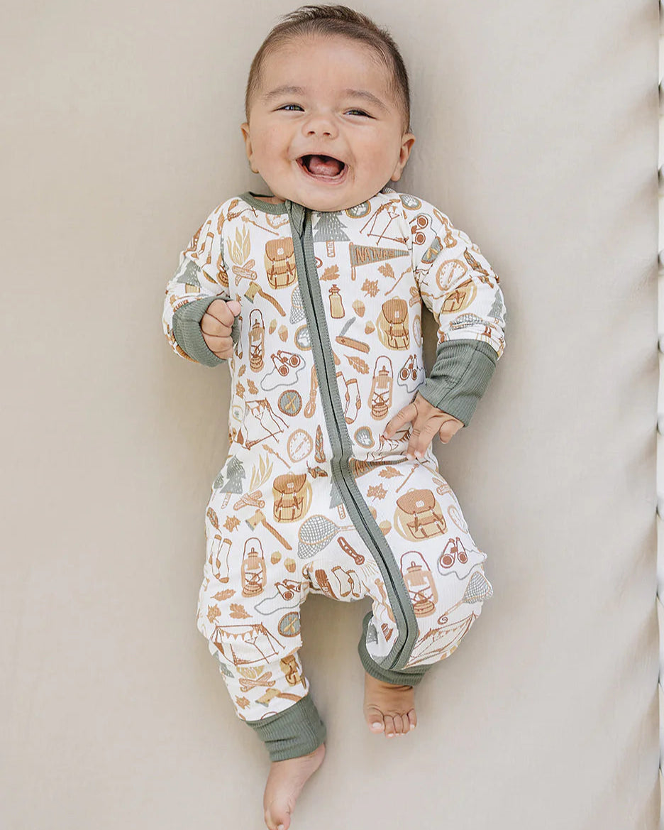CAMPING TRIP RIBBED ONESIE - BAMBOO