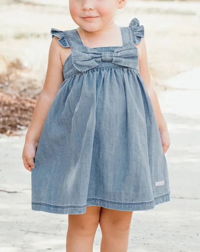 DENIM FLUTTER BOW DENIM DRESS
