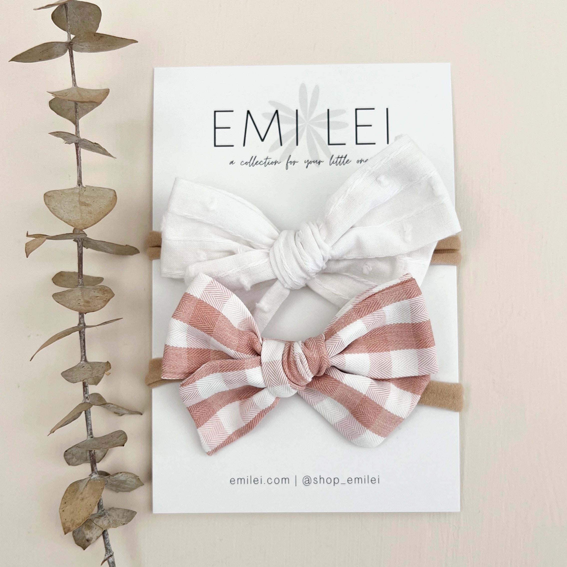 PINK GINGHAM + WHITE BOW HEADBAND SET