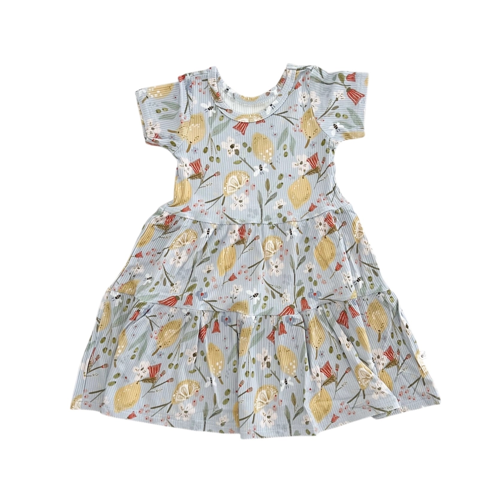 LEMON FLORAL RIBBED SHORT SLEEVE DRESS