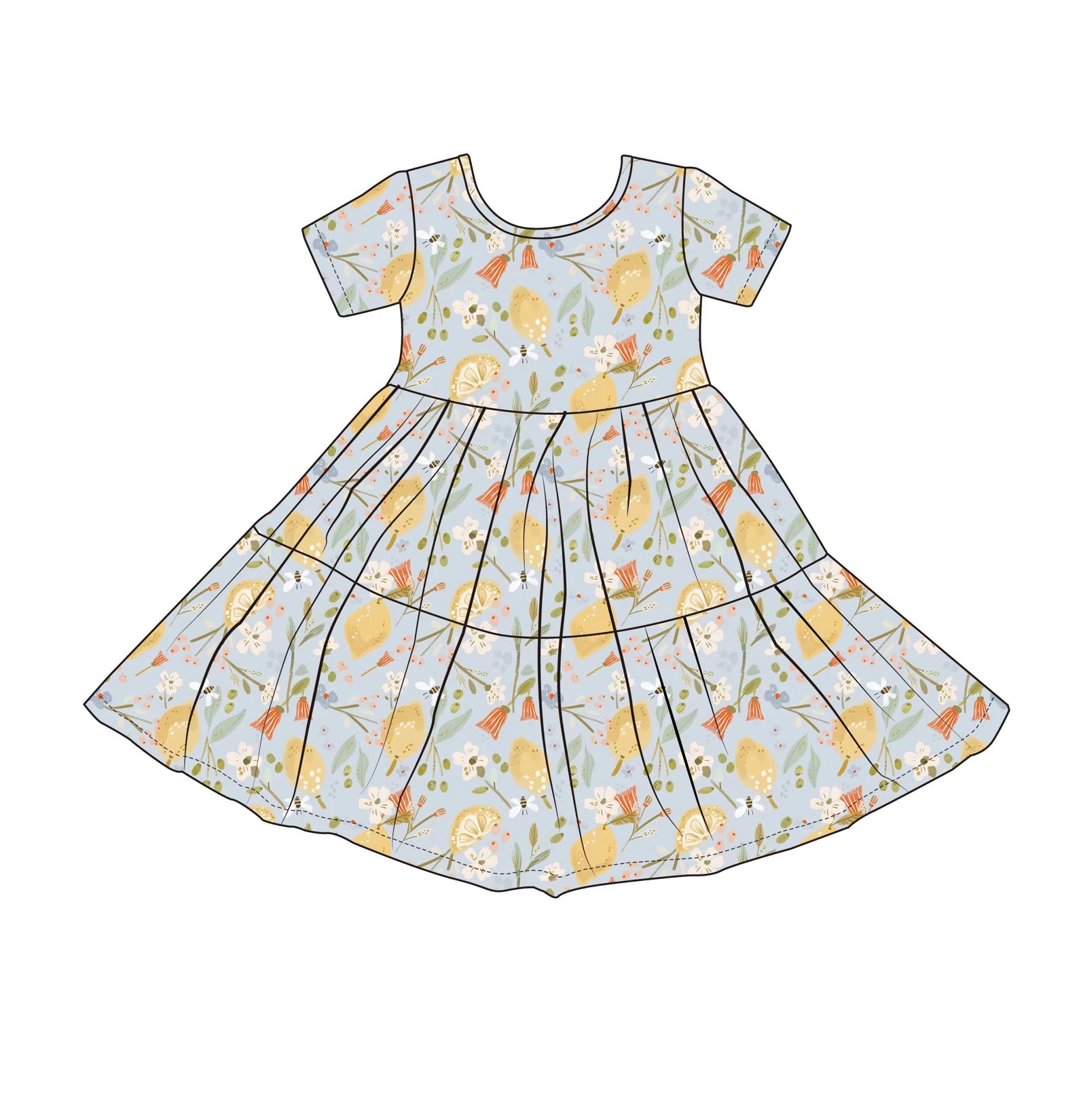 LEMON FLORAL RIBBED SHORT SLEEVE DRESS