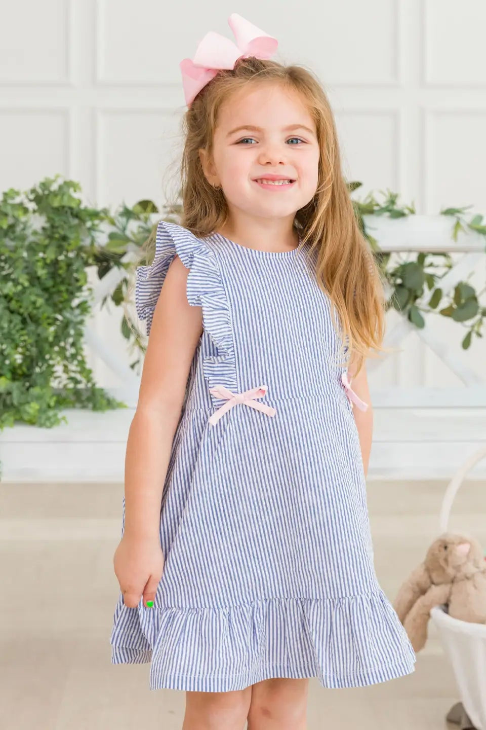 BLUE PINAFORE BOW DRESS