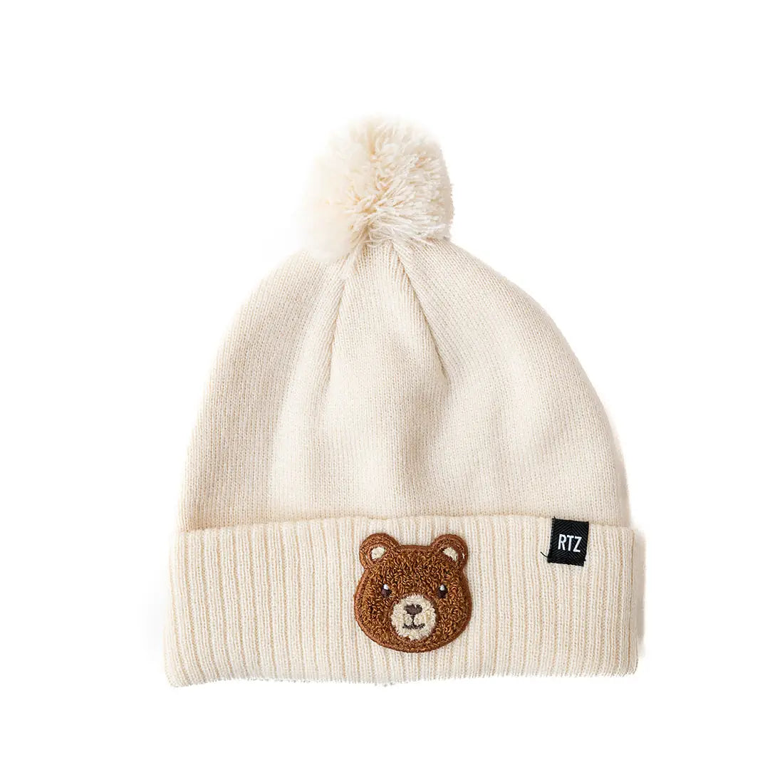 TEDDY BEAR PATCH POM POM BEANIE - VANILLA