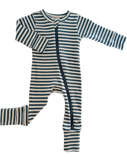 ORGANIC RIBBED ZIP ROMPER - STEEL BLUE