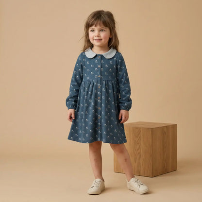INDIGO BLOSSOM ORGANIC COLLARED DRESS