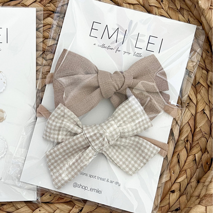 MAUVE AND TAUPE GINGHAM BOW CLIPS