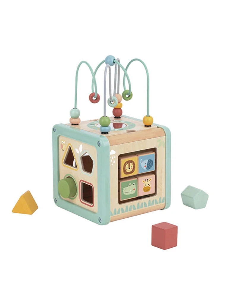 WOODEN PLAY CUBE WITH BEADS