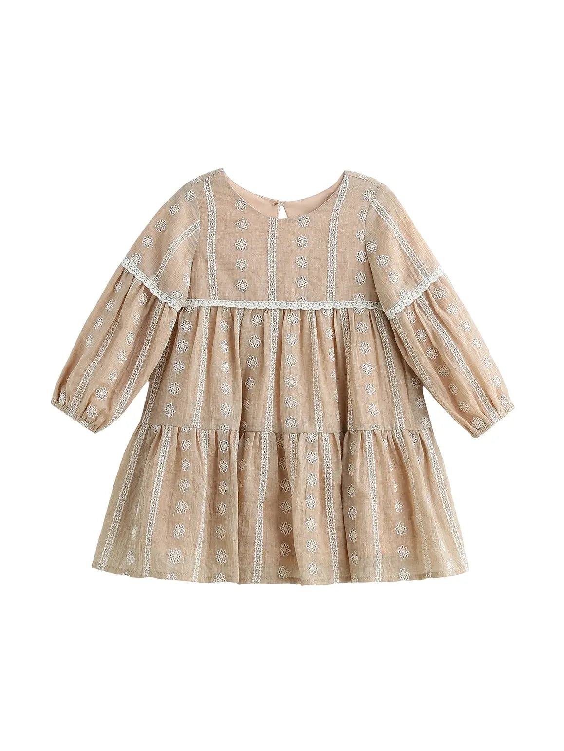 PATRICIA LONG SLEEVE FLORAL EMBROIDERED LACE TRIM TIERED DRESS