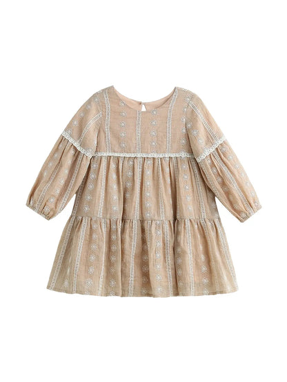 PATRICIA LONG SLEEVE FLORAL EMBROIDERED LACE TRIM TIERED DRESS