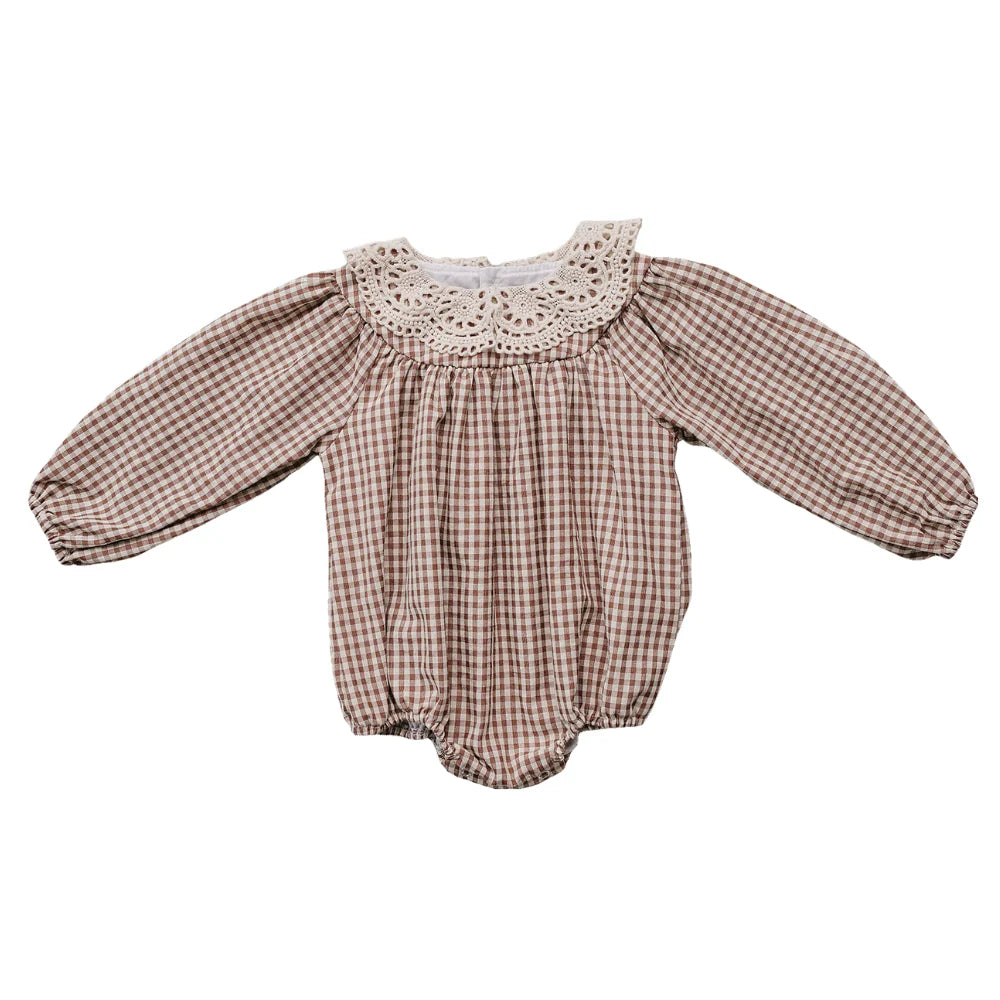 CAMEL GINGHAM LACE BUBBLE ROMPER