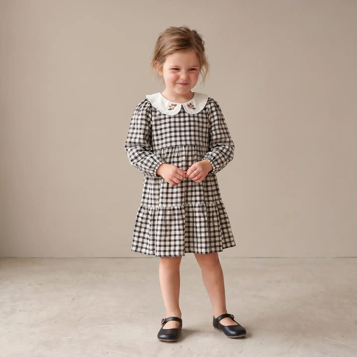 CHARCOAL PLAID ORGANIC COLLAR TIERED DRESS