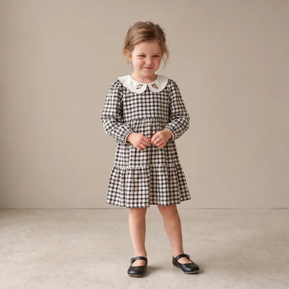CHARCOAL PLAID ORGANIC COLLAR TIERED DRESS