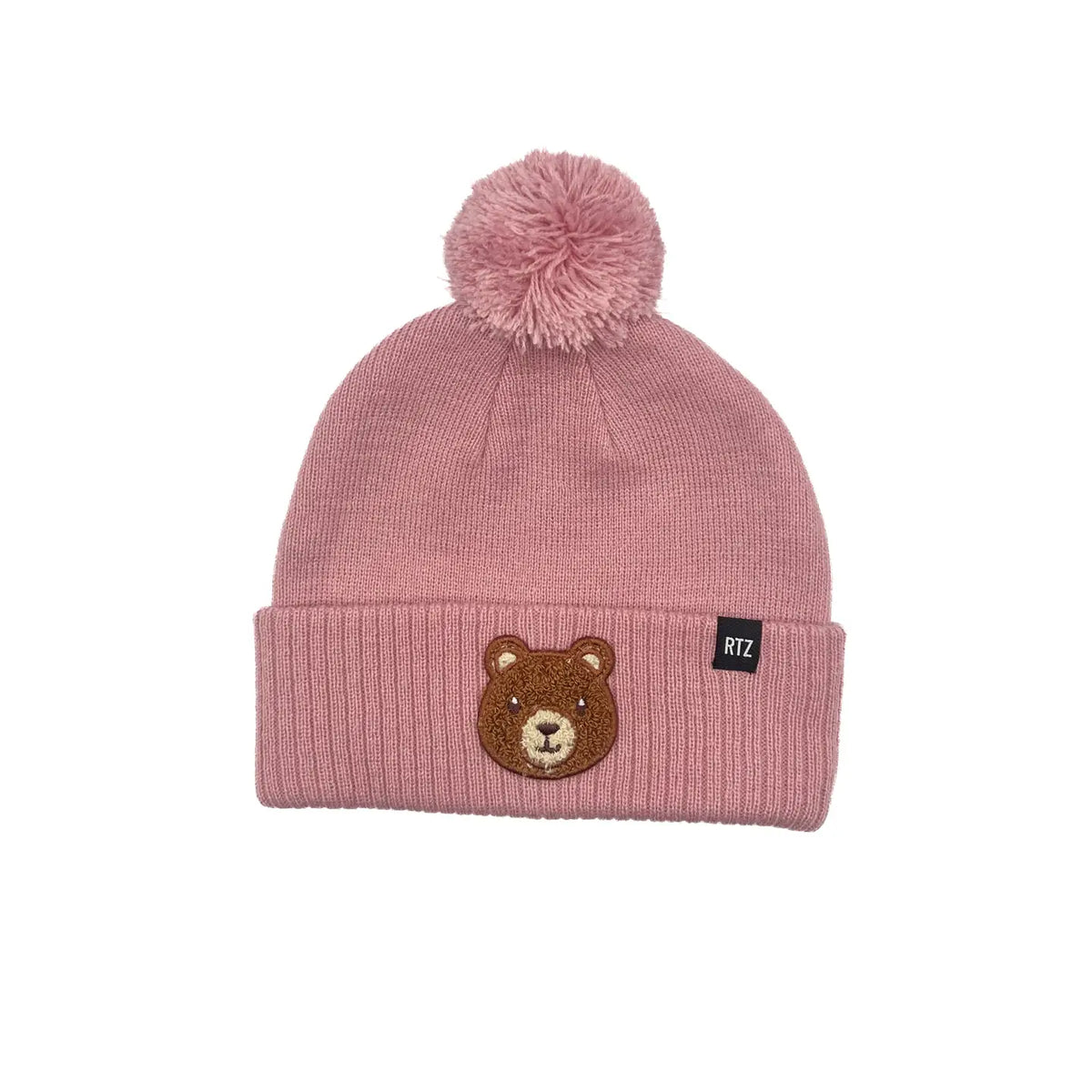 TEDDY BEAR PATCH POM POM BEANIE - PINK