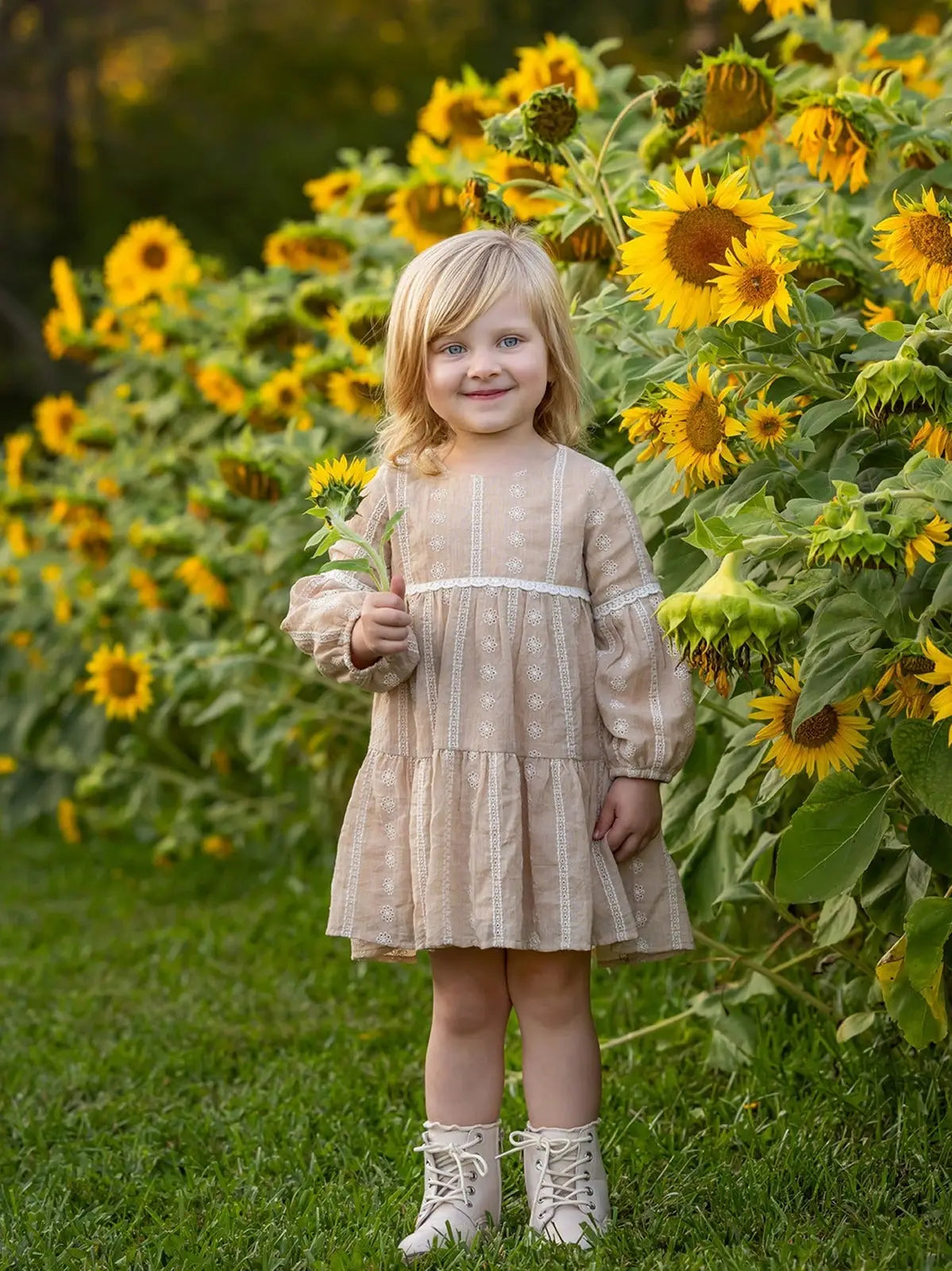 PATRICIA LONG SLEEVE FLORAL EMBROIDERED LACE TRIM TIERED DRESS