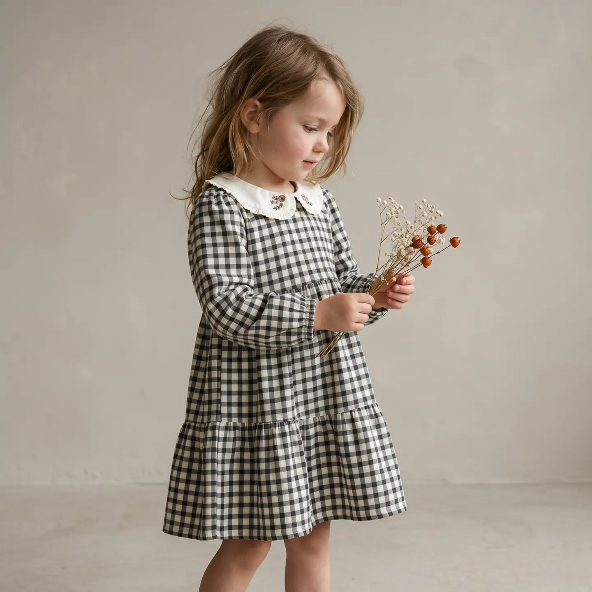 CHARCOAL PLAID ORGANIC COLLAR TIERED DRESS