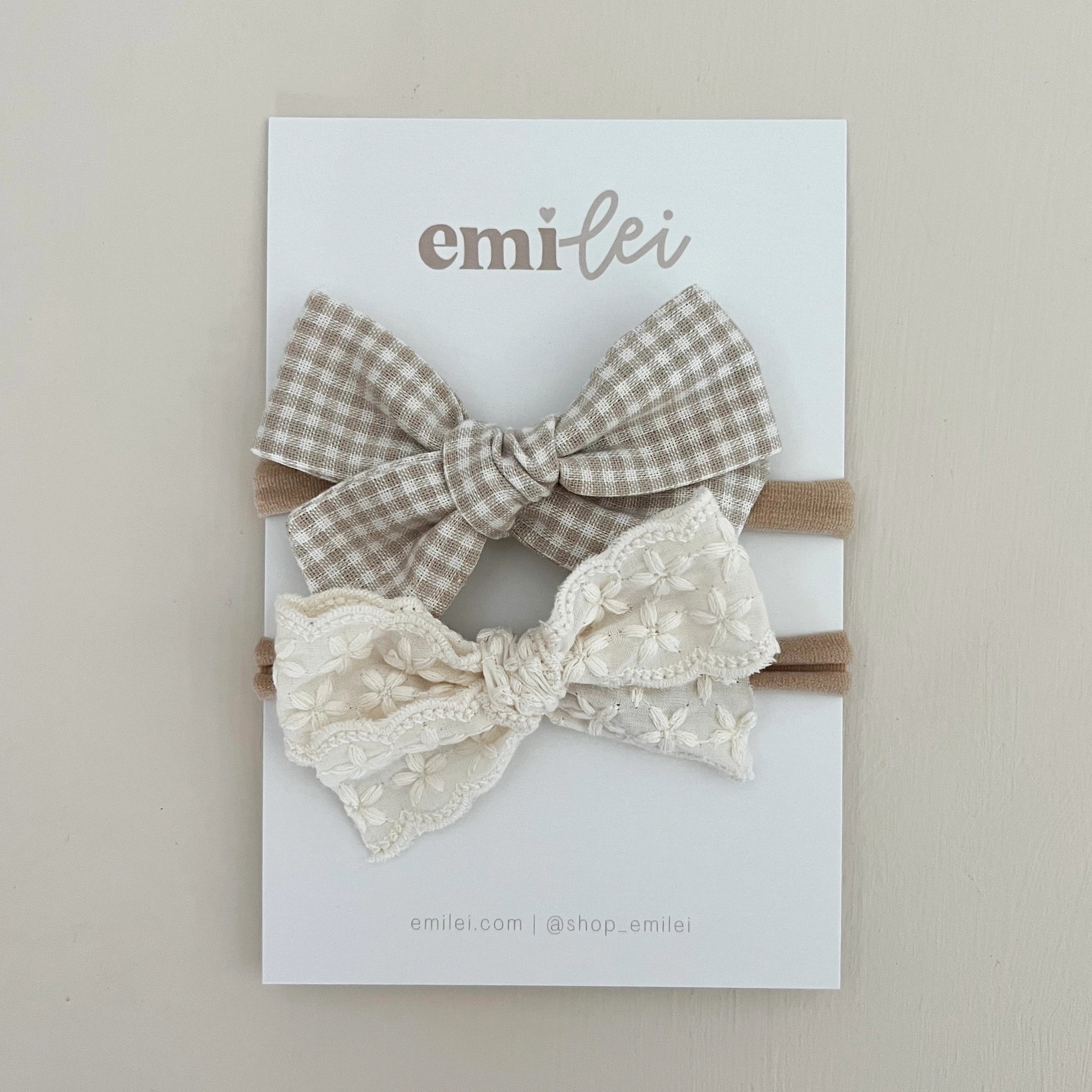 TAUPE GINGHAM + LACE BOW HEADBAND SET