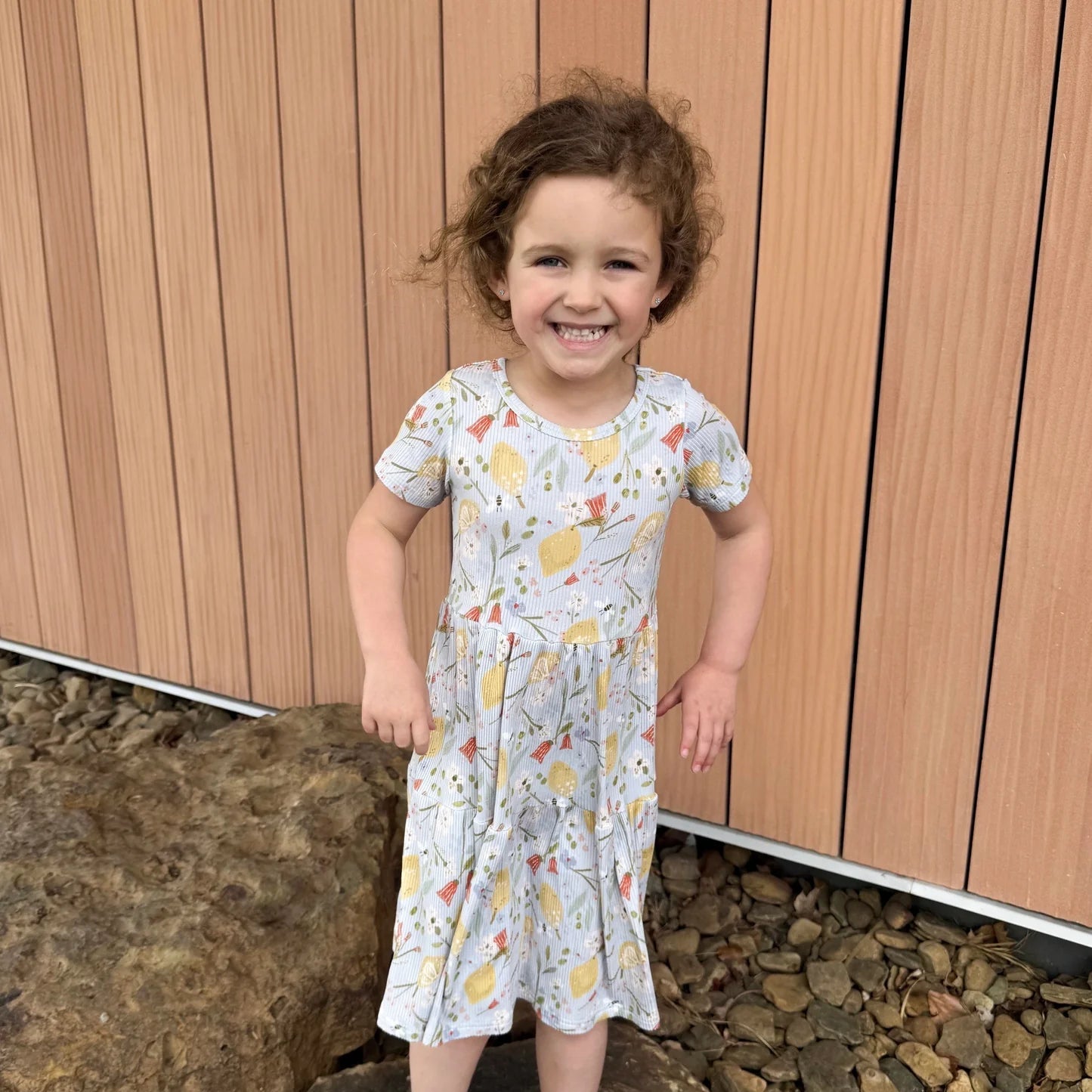 LEMON FLORAL RIBBED SHORT SLEEVE DRESS