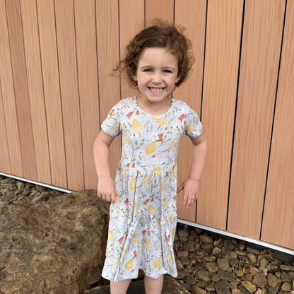 LEMON FLORAL RIBBED SHORT SLEEVE DRESS
