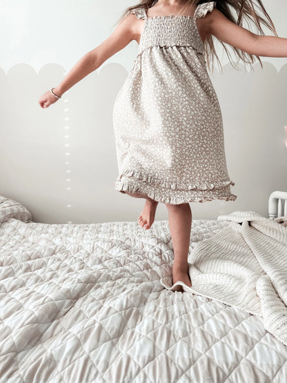 OATMEAL DITSY ORGANIC SMOCKED SUMMER DRESS