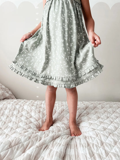 SEAFOAM BLOOM ORGANIC SMOCKED SUMMER DRESS