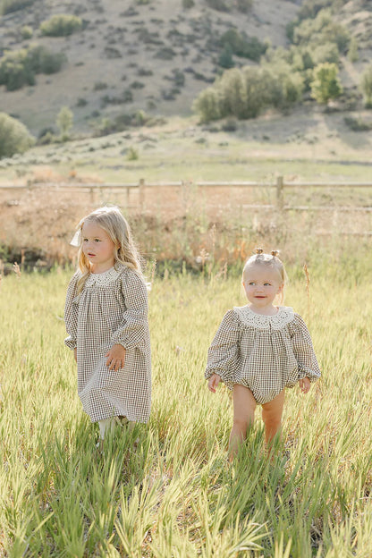 CAMEL GINGHAM LACE DRESS