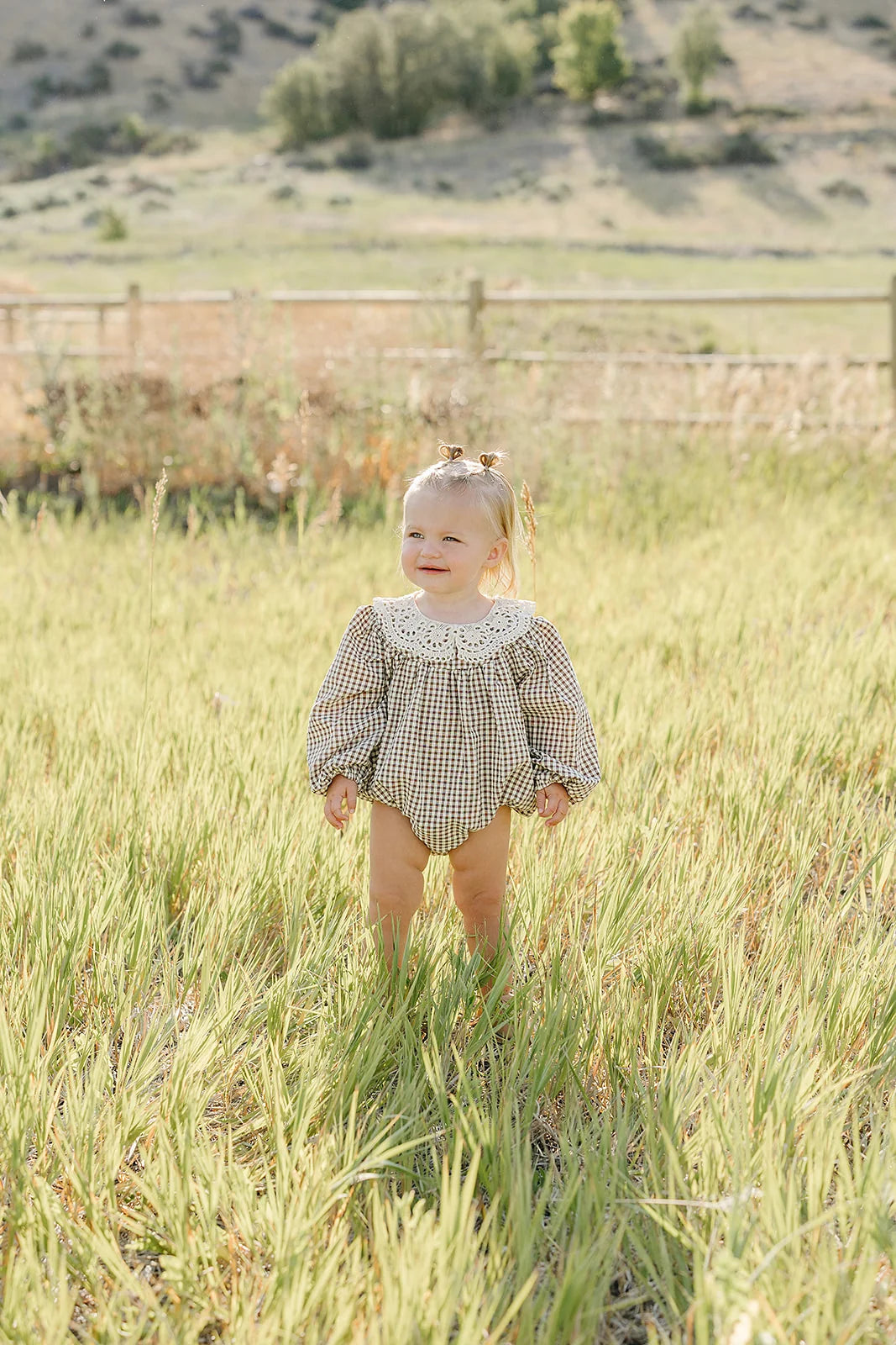 CAMEL GINGHAM LACE BUBBLE ROMPER