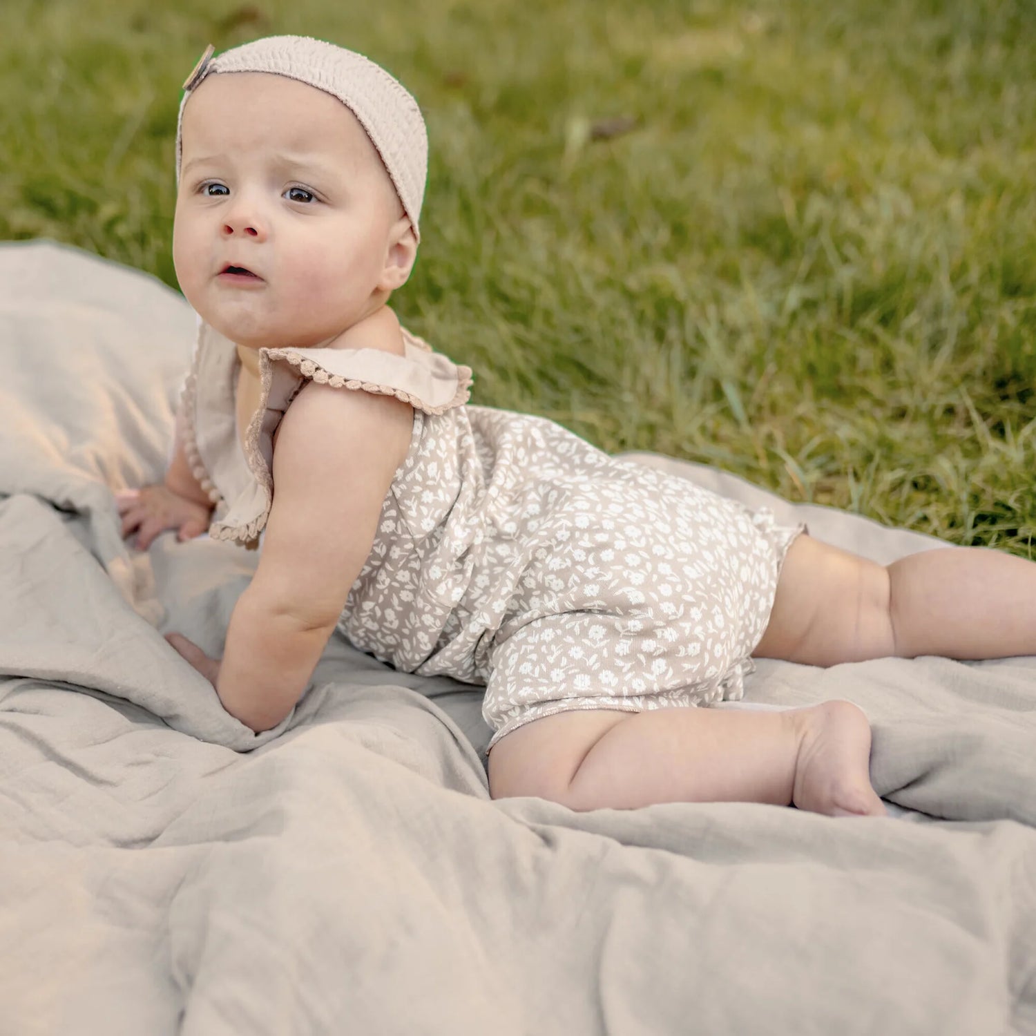 LACED OATMEAL DITSY BUBBLE ROMPER