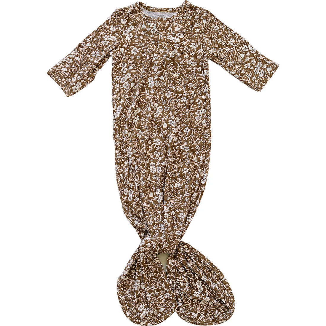 BROWN FLORAL RIBBED BAMBOO KNOT GOWN