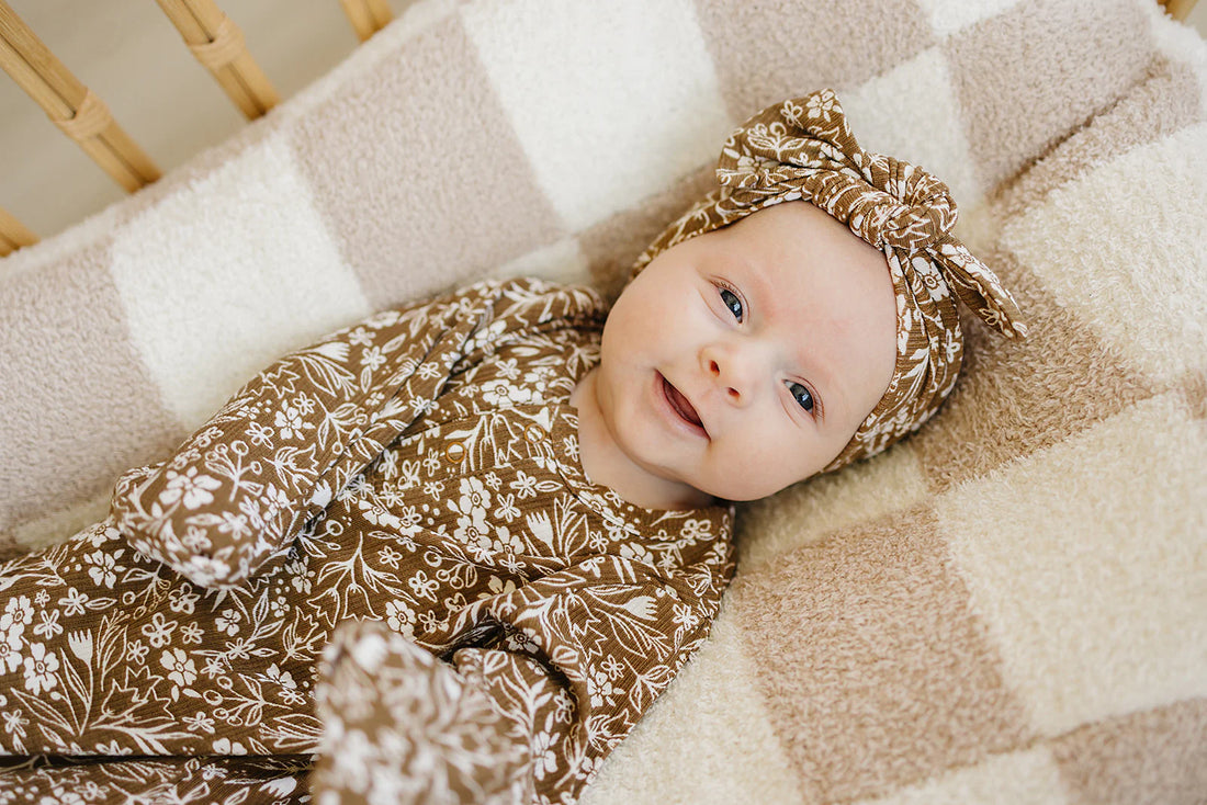 BROWN FLORAL RIBBED BAMBOO HEAD WRAP