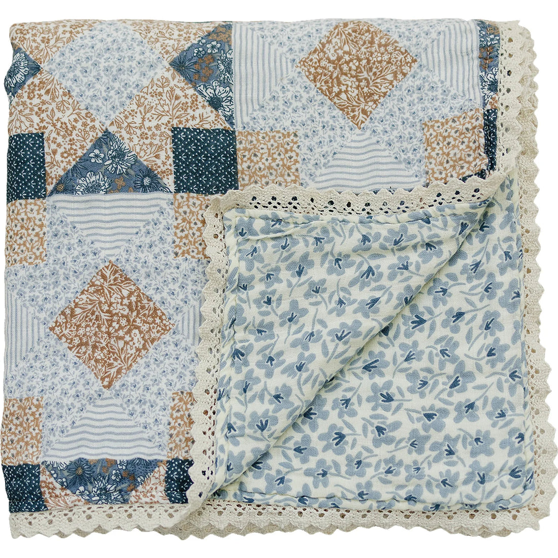 PATCHWORK + BLUE BLOSSOM LACE MUSLIN QUILT
