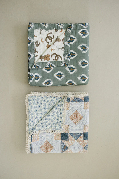 PATCHWORK + BLUE BLOSSOM LACE MUSLIN QUILT