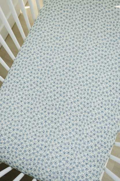 BLUE BLOSSOM MUSLIN CRIB SHEET