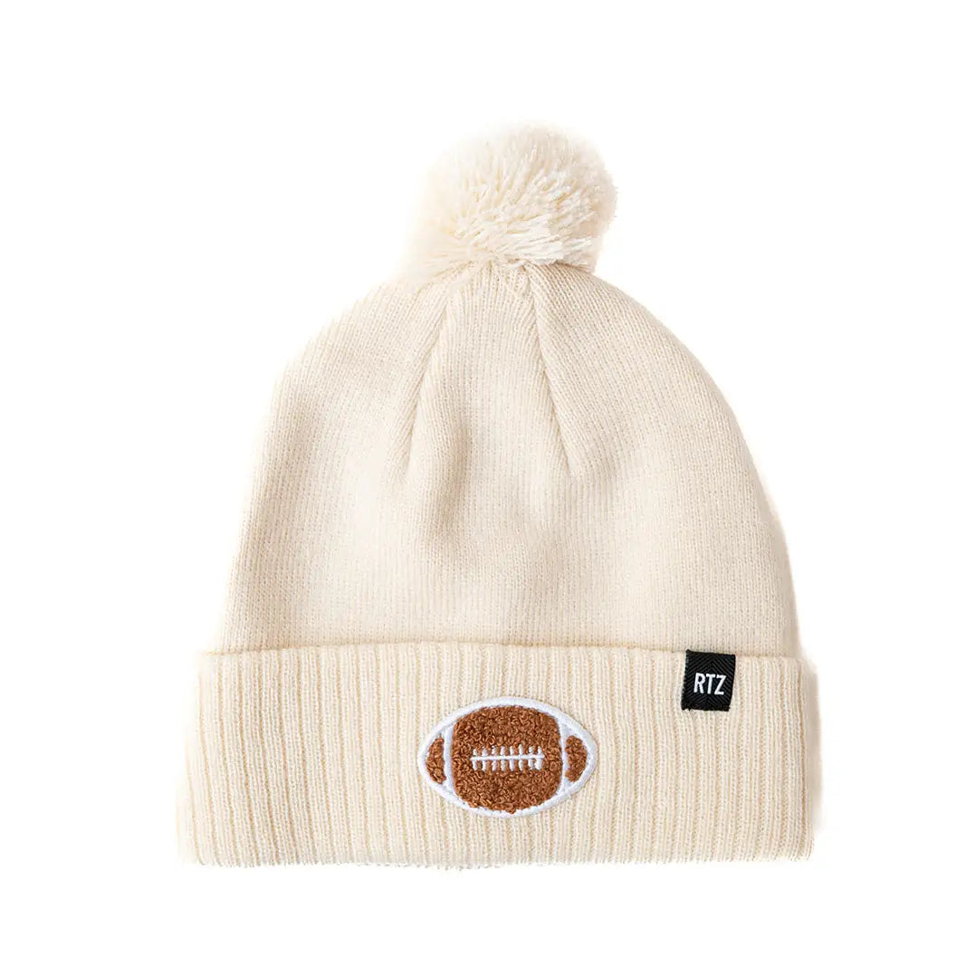 FOOTBALL PATCH POM POM BEANIE - VANILLA