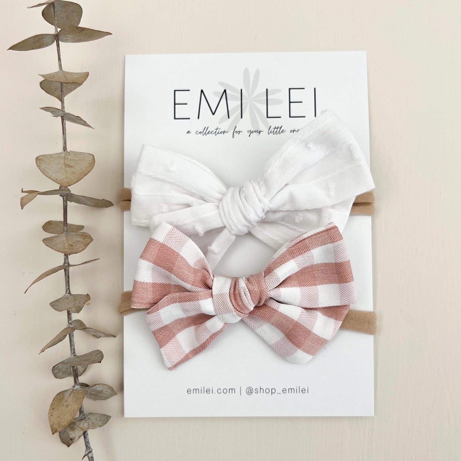 PINK GINGHAM + WHITE BOW HEADBAND SET