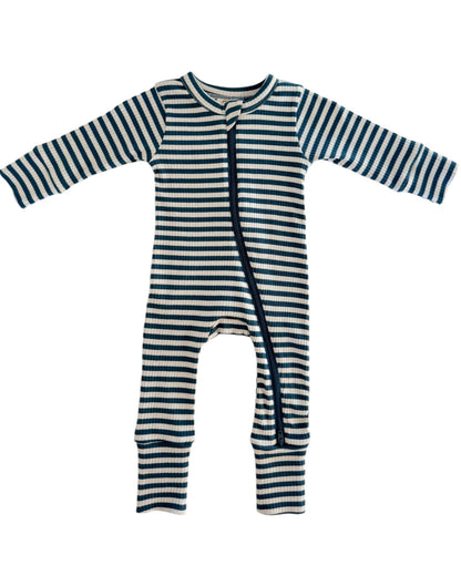 ORGANIC RIBBED ZIP ROMPER - STEEL BLUE