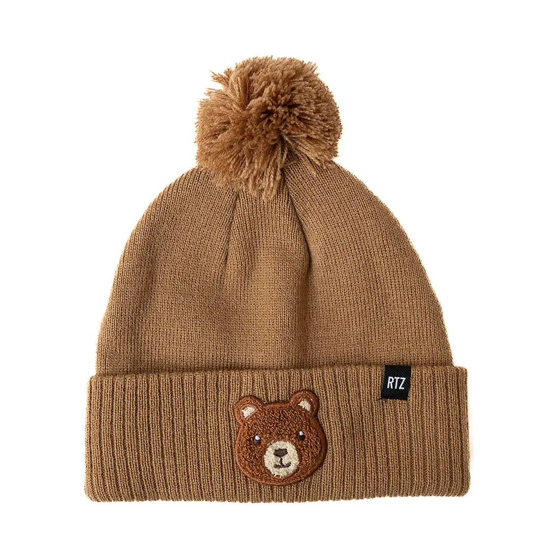 TEDDY BEAR PATCH POM POM BEANIE - LATTE