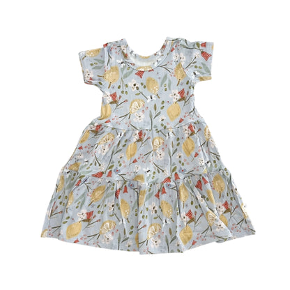 LEMON FLORAL RIBBED SHORT SLEEVE DRESS