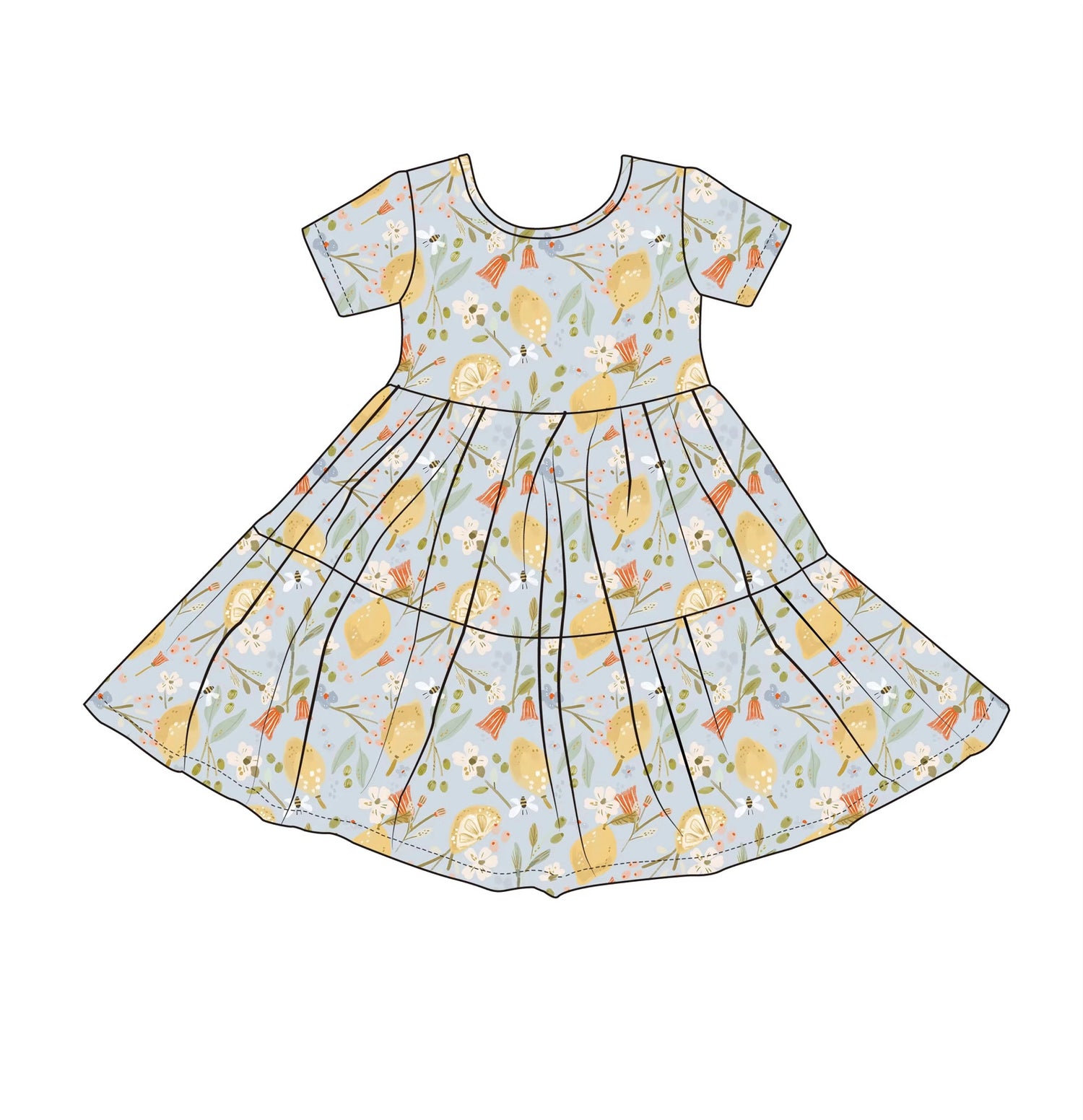 LEMON FLORAL RIBBED SHORT SLEEVE DRESS