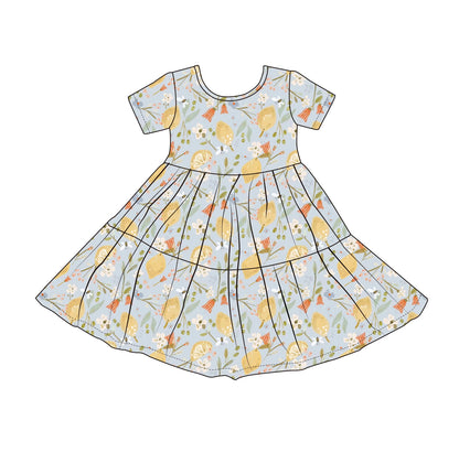 LEMON FLORAL RIBBED SHORT SLEEVE DRESS